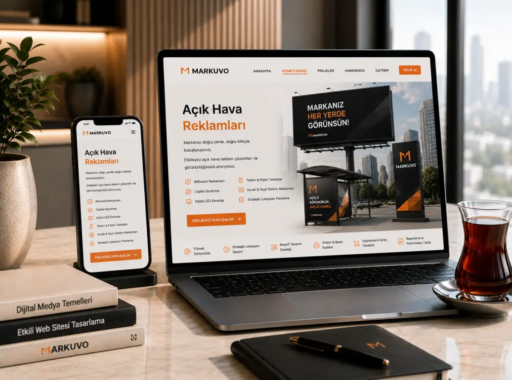 Markanızı görünür kılan profesyonel açık hava reklamları. Tabela, cephe giydirme, araç giydirme, reklam panosu ve kurumsal reklam uygulamaları için Markuvo